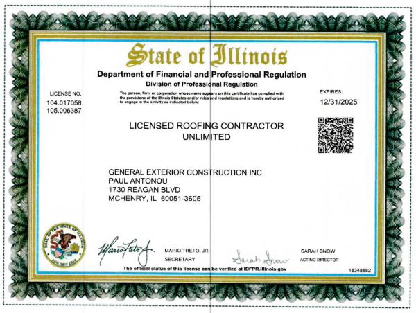 General Exterior Construction Roofing License