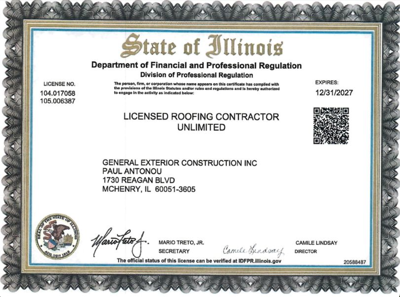 General Exterior Construction Roofing License